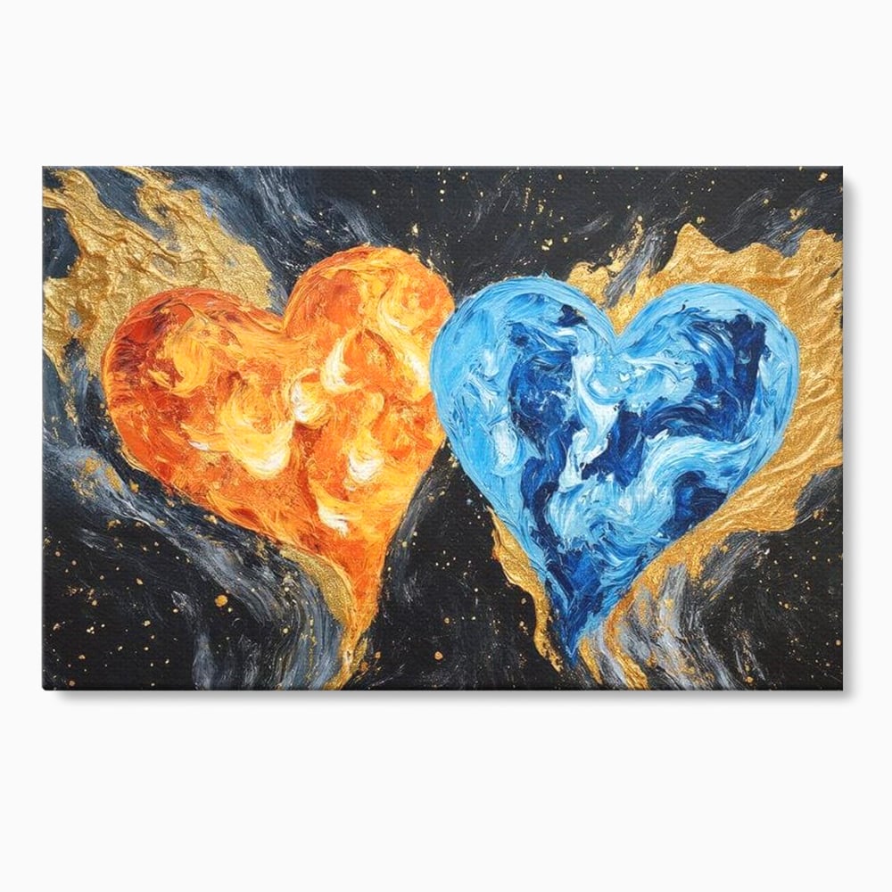 Tablou canvas cu pictura cu doua inimi simbolice, fara rama, pe sasiu de lemn