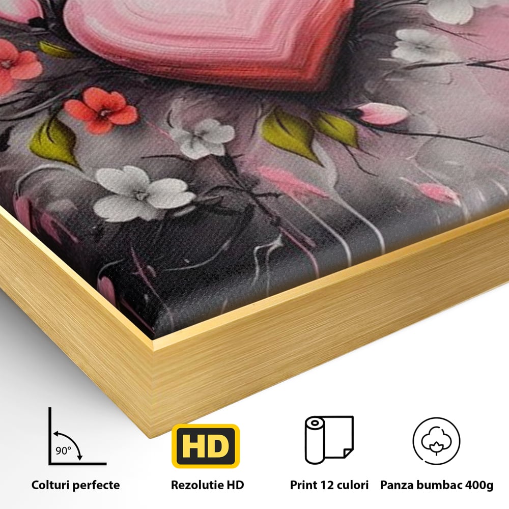 Detaliu al suprafetei: tablou canvas cu inima roz si flori, in rama de aluminiu auriu