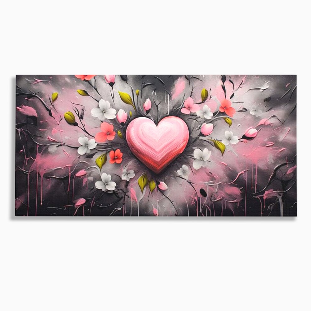 Tablou canvas cu tablou canvas cu inima roz si flori, fara rama, pe sasiu de lemn
