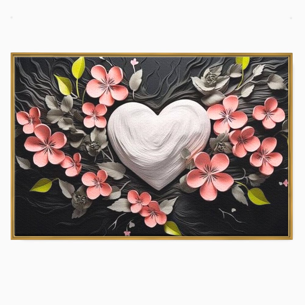 Tablou canvas cu tablou canvas cu inima alba si flori roz, in rama de aluminiu auriu