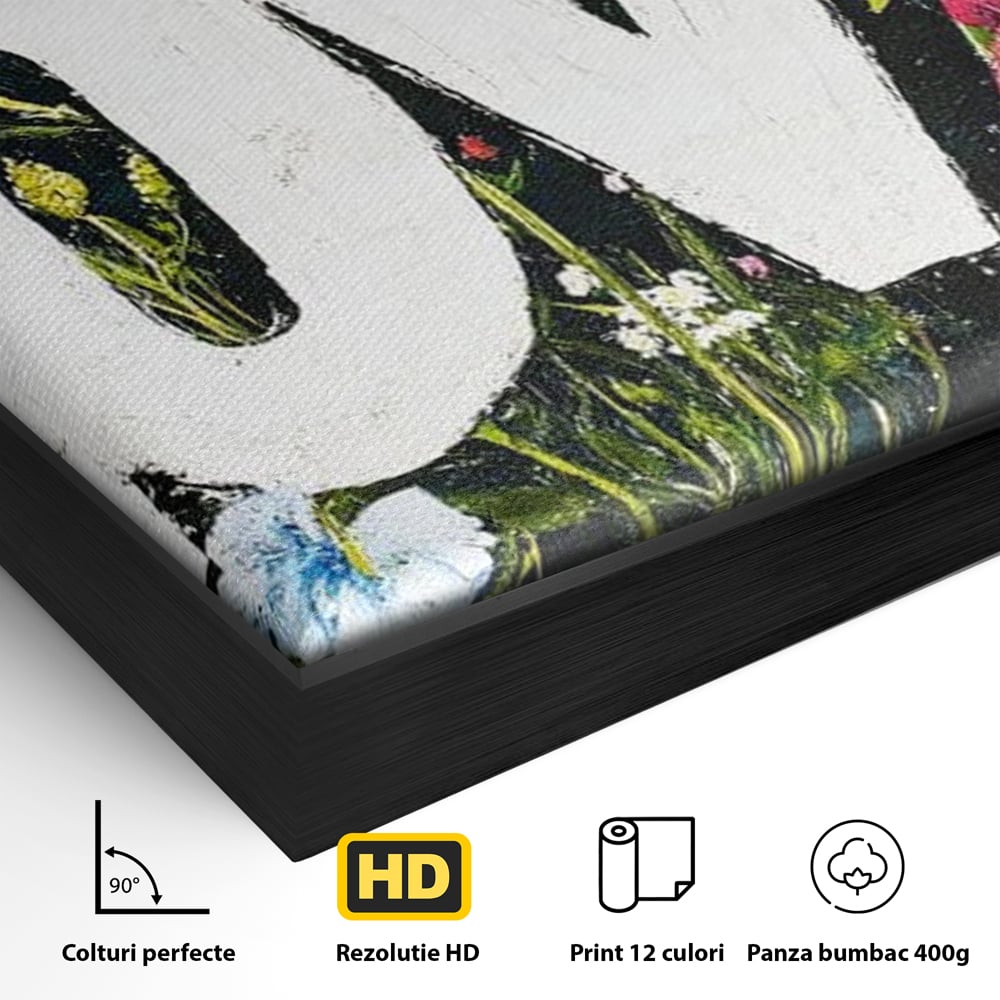 Detaliu al suprafetei: tablou canvas cu flori si cuvantul love, in rama de aluminiu negru