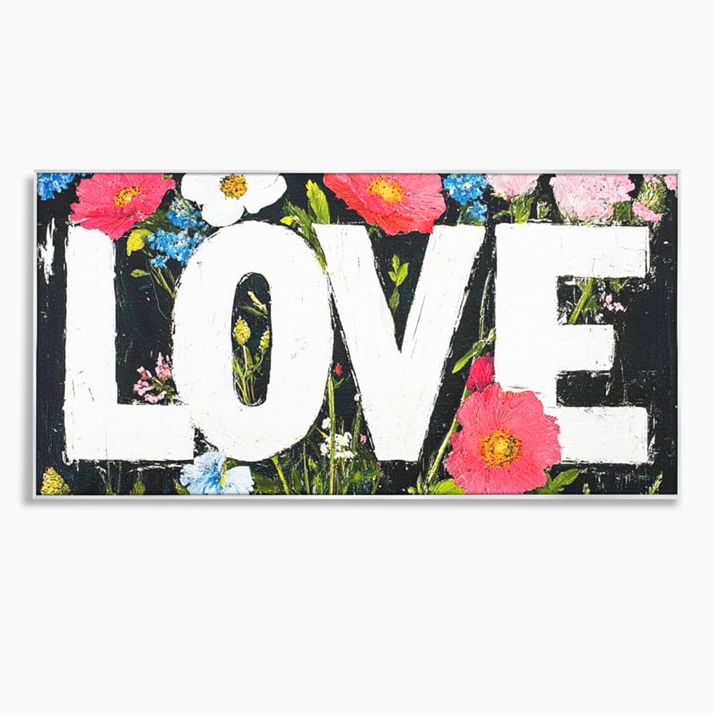 Tablou canvas cu tablou canvas cu flori si cuvantul love, in rama de aluminiu argintiu