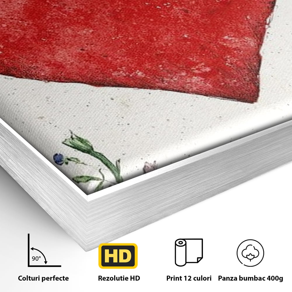 Detaliu al suprafetei: tablou canvas cu inima rosie si flori, in rama de aluminiu argintiu
