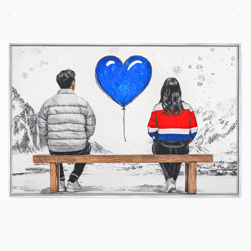 Tablou canvas cu ilustratie cu doi tineri pe banca, in rama de aluminiu argintiu