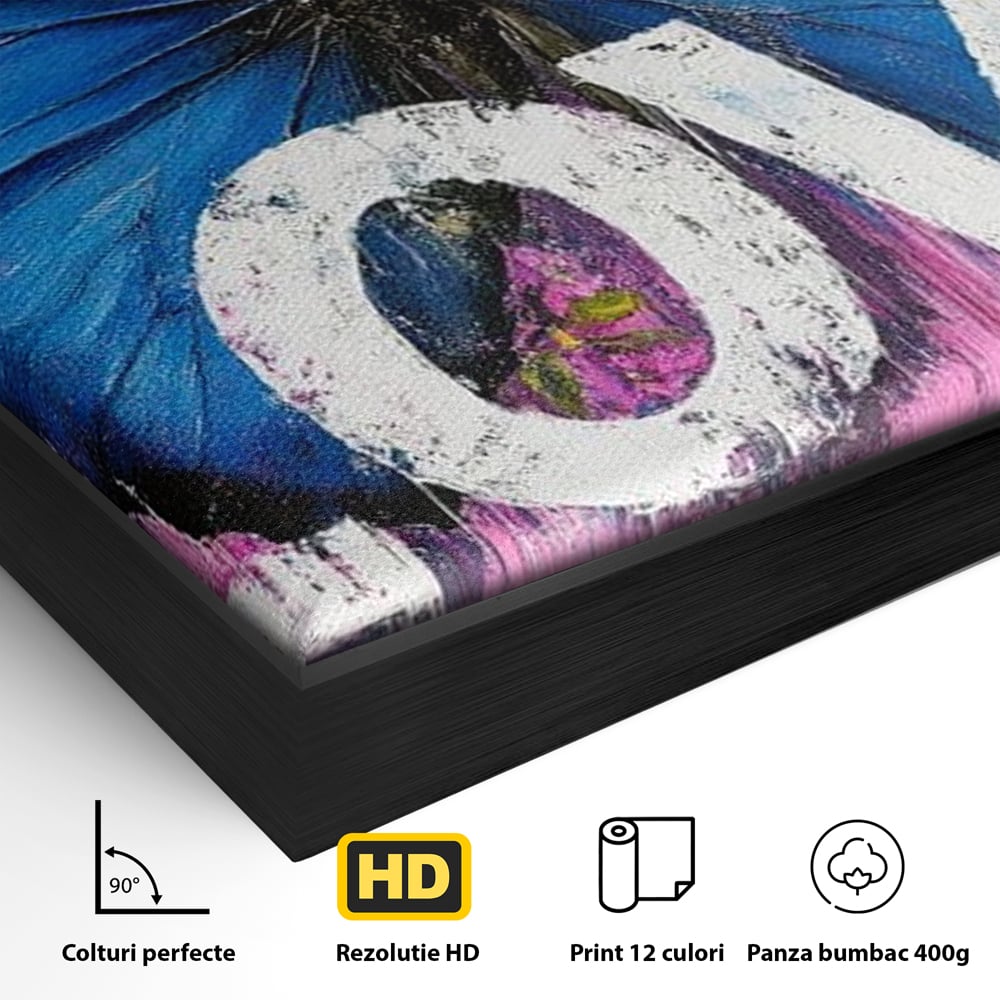 Detaliu al suprafetei: tablou canvas cu fluture albastru, in rama de aluminiu negru