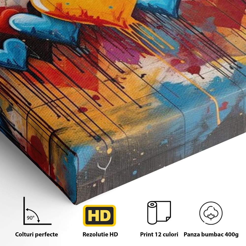 Detaliu al suprafetei: tablou canvas cu inimi colorate, fara rama, pe sasiu de lemn