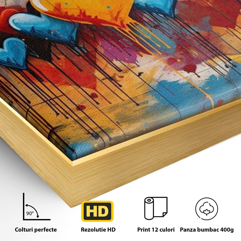 Detaliu al suprafetei: tablou canvas cu inimi colorate, in rama de aluminiu auriu