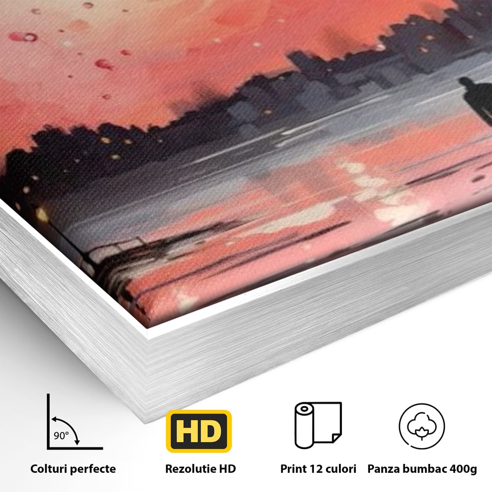 Detaliu al suprafetei: tablou canvas cuplu pe faleza la apus rosu, in rama de aluminiu argintiu