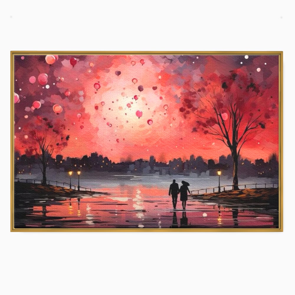 Tablou canvas cu tablou canvas cuplu pe faleza la apus rosu, in rama de aluminiu auriu