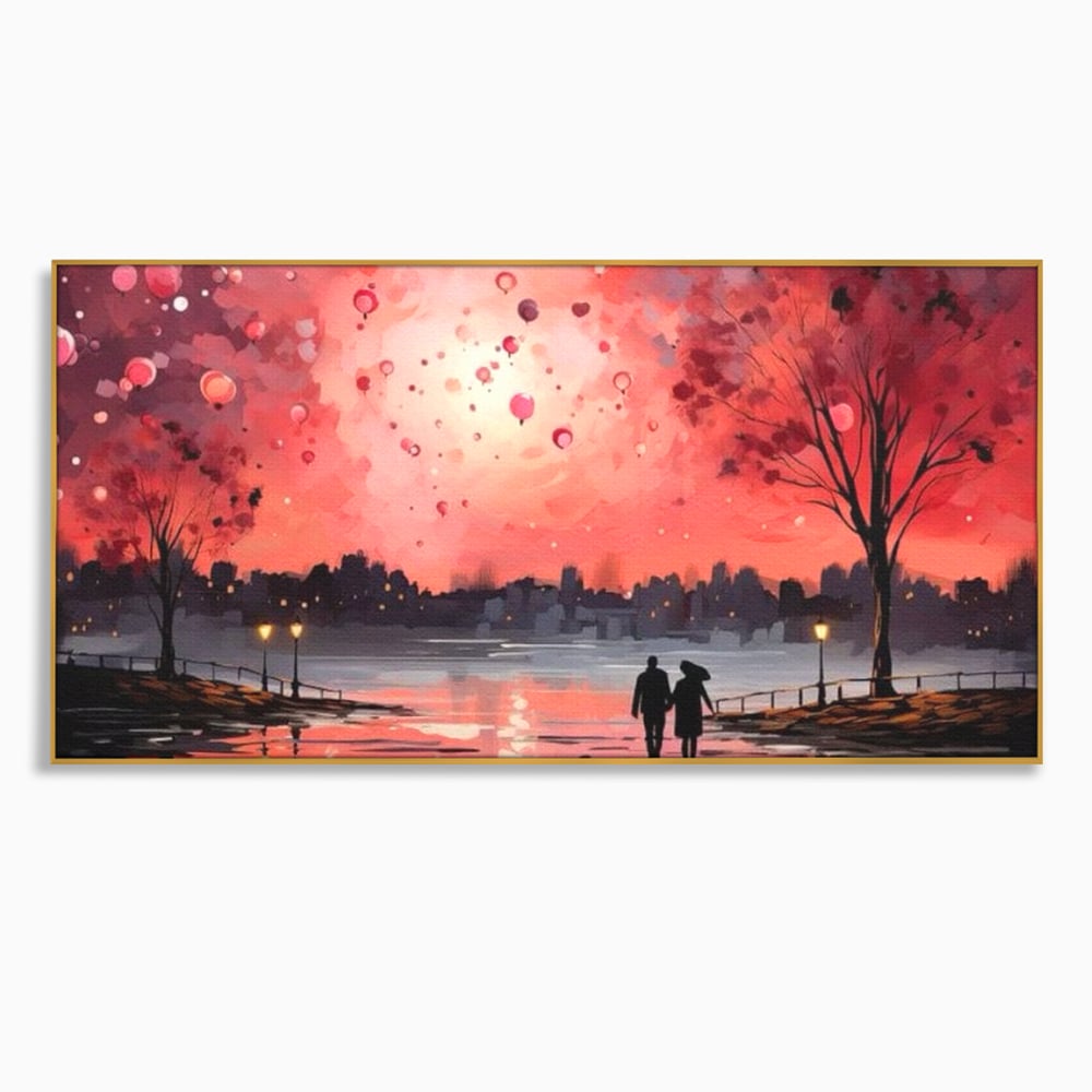 Tablou canvas cu tablou canvas cuplu pe faleza la apus rosu, in rama de aluminiu auriu