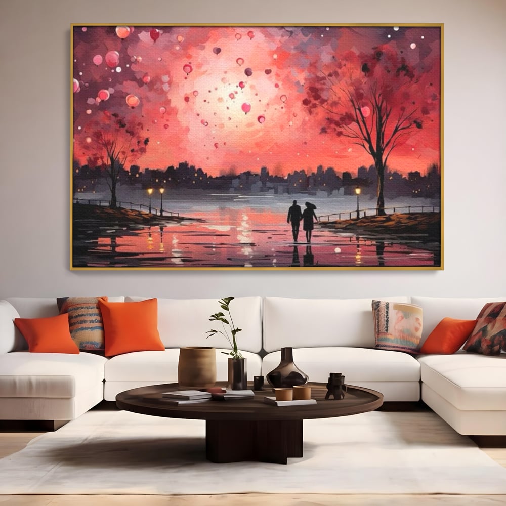 Tablou canvas cu tablou canvas cuplu pe faleza la apus rosu, in rama de aluminiu auriu, pe perete intr-un living