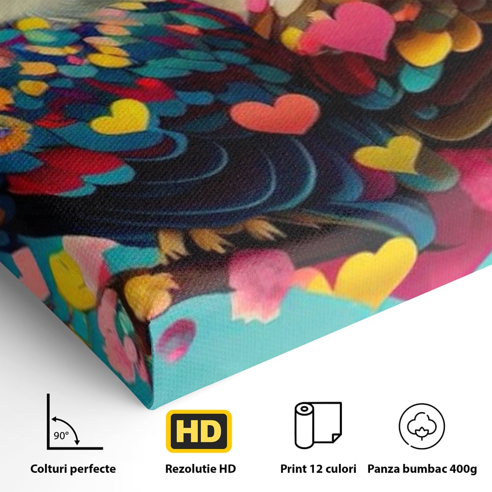 Detaliu al suprafetei: tablou canvas cu doua bufnite colorate si inimi, fara rama, pe sasiu de lemn