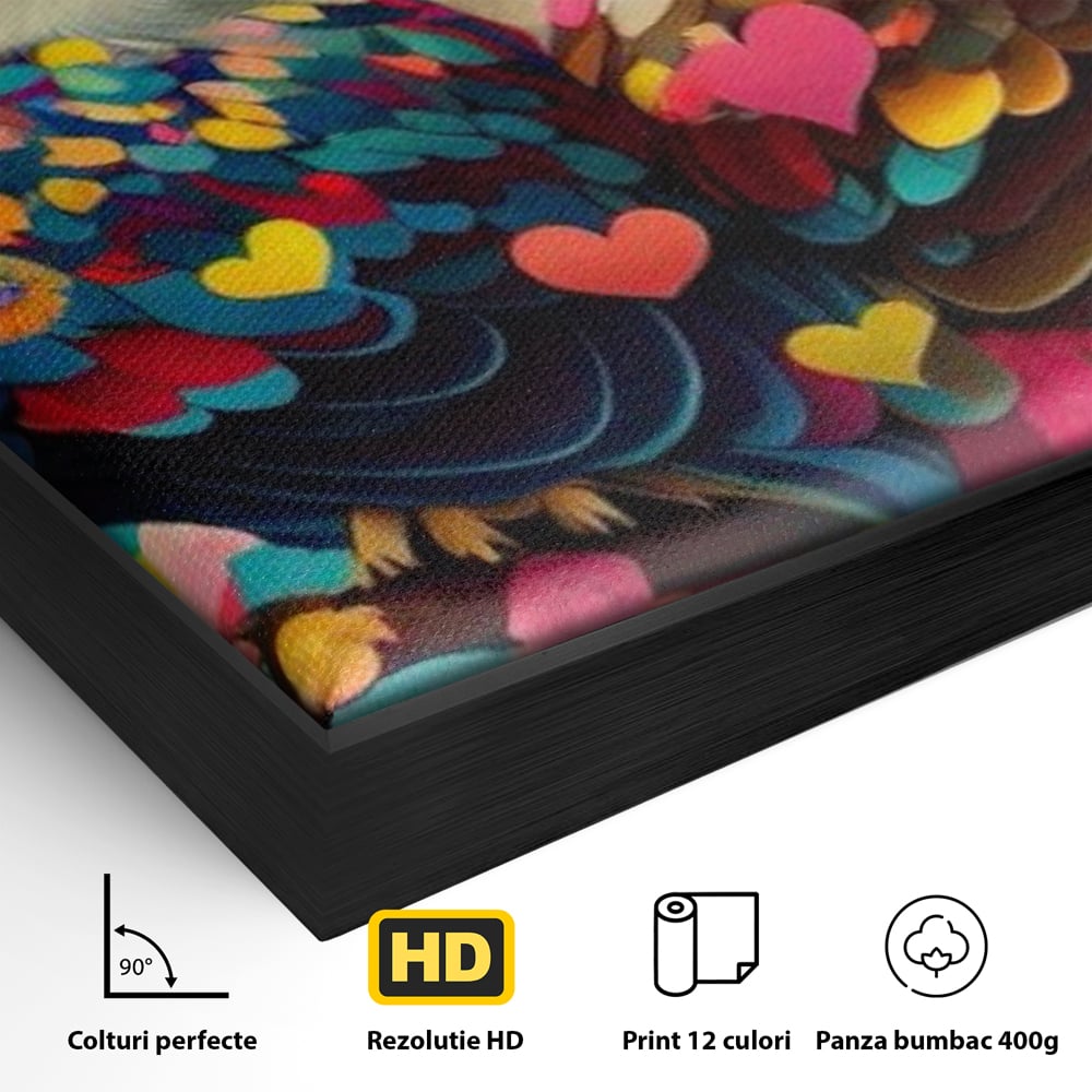 Detaliu al suprafetei: tablou canvas cu doua bufnite colorate si inimi, in rama de aluminiu negru