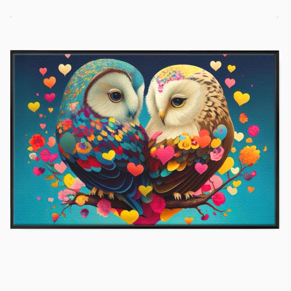 Tablou canvas cu tablou canvas cu doua bufnite colorate si inimi, in rama de aluminiu negru