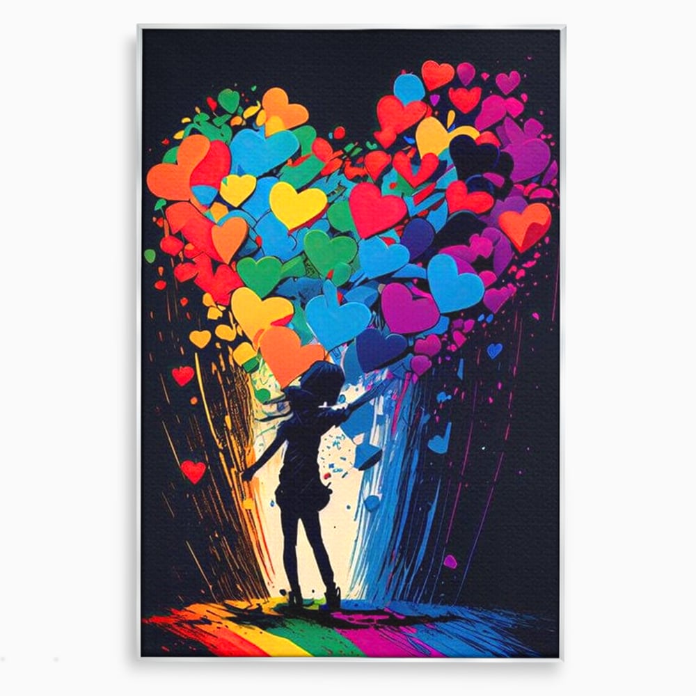 Tablou canvas cu tablou canvas cu silueta si inimi colorate, in rama de aluminiu argintiu