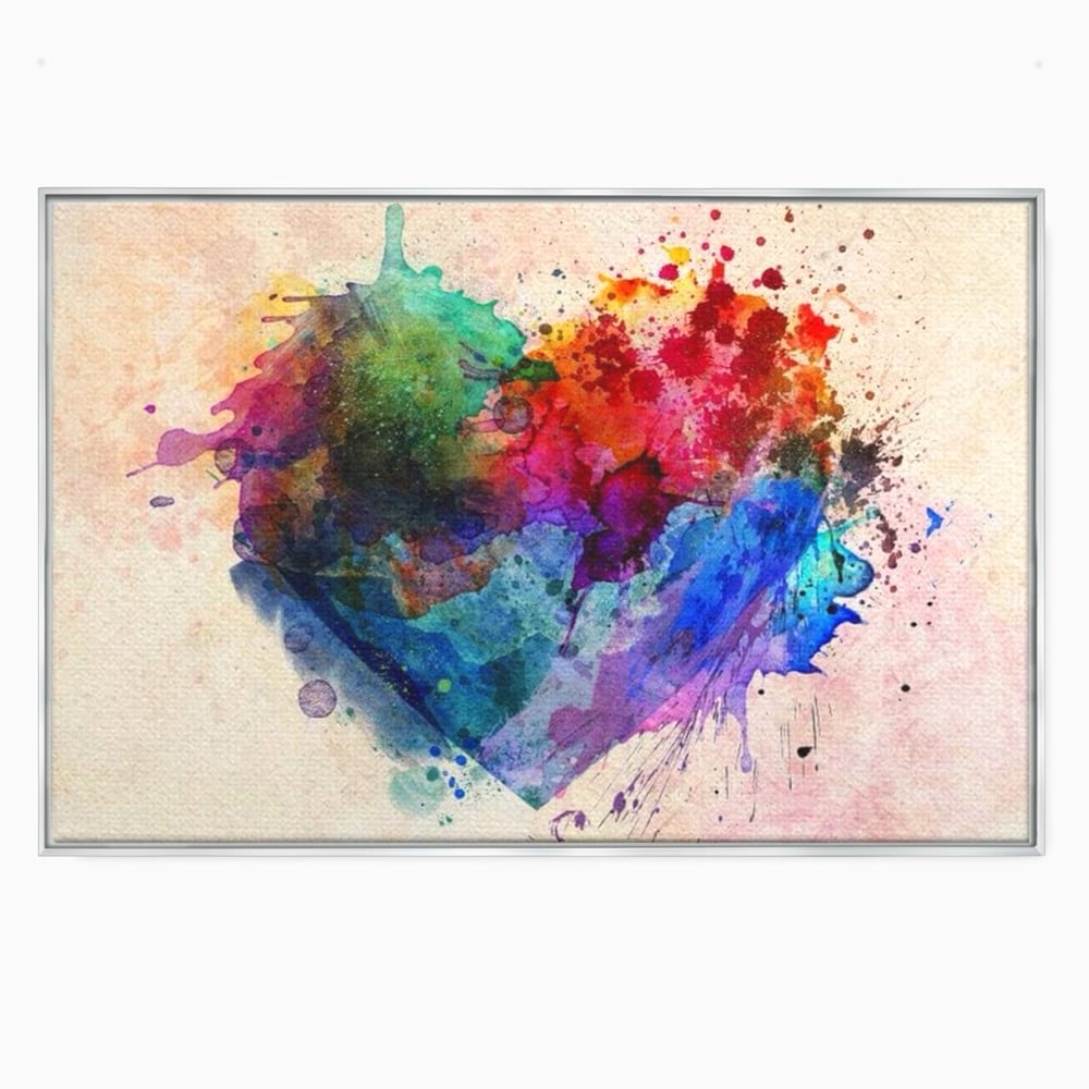 Tablou canvas cu tablou canvas cu inima colorata, in rama de aluminiu argintiu