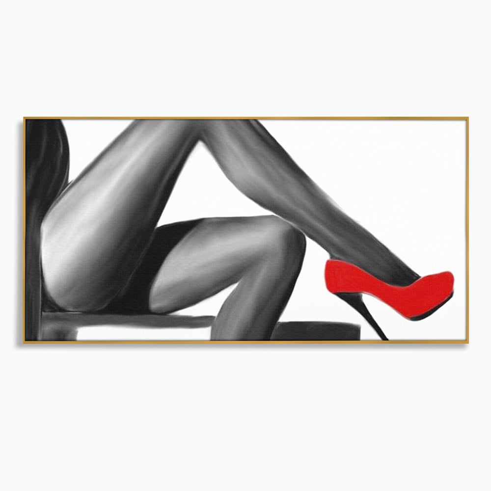 Tablou canvas cu illustratie alb negru cu picioare si pantof rosu, in rama de aluminiu auriu