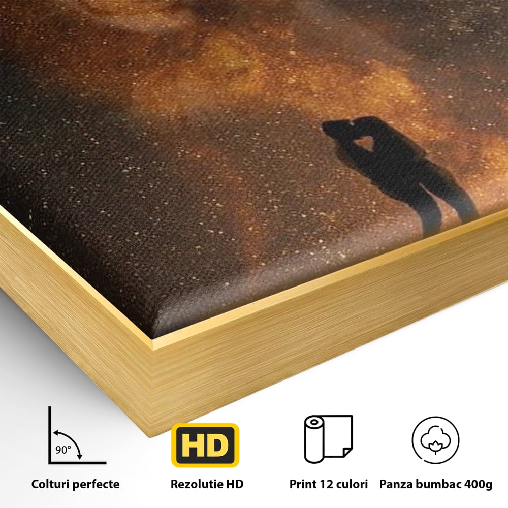 Detaliu al suprafetei: tablou canvas cu siluete de indragostiti si constelatii, in rama de aluminiu auriu