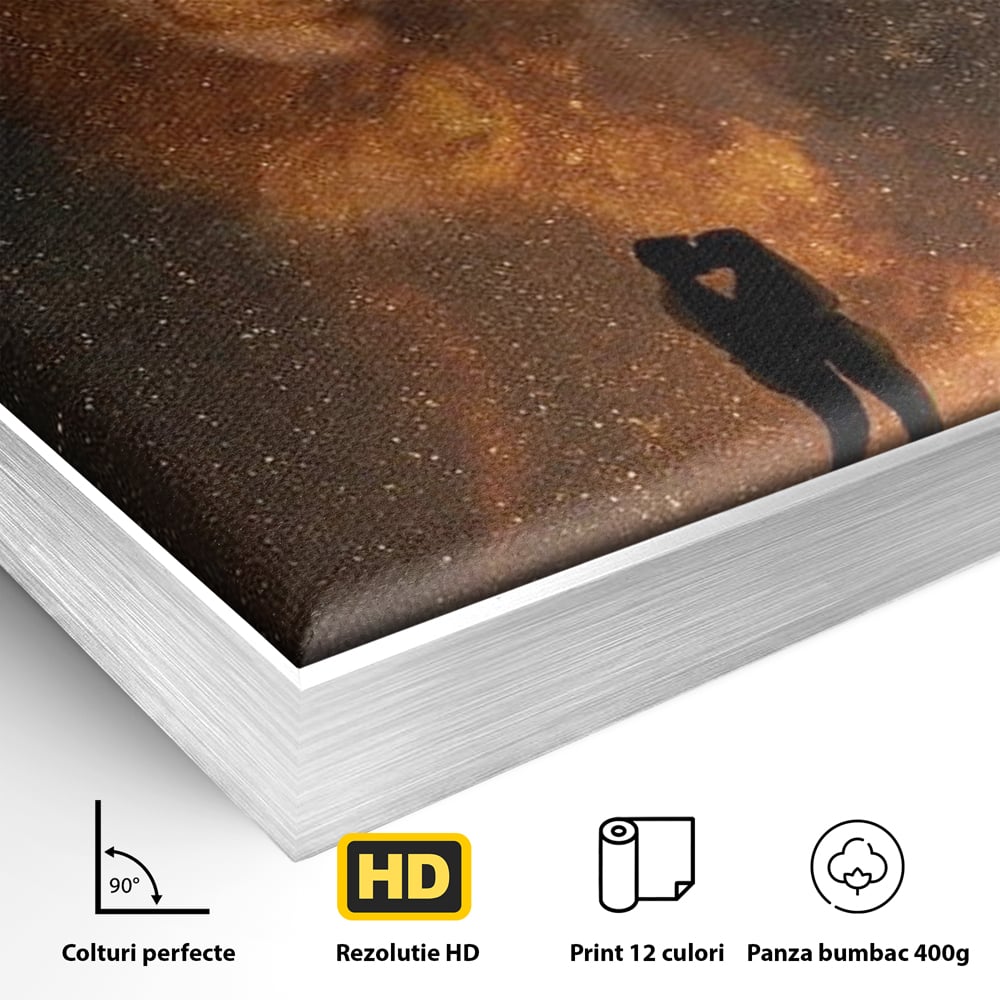 Detaliu al suprafetei: tablou canvas cu siluete de indragostiti si constelatii, in rama de aluminiu argintiu