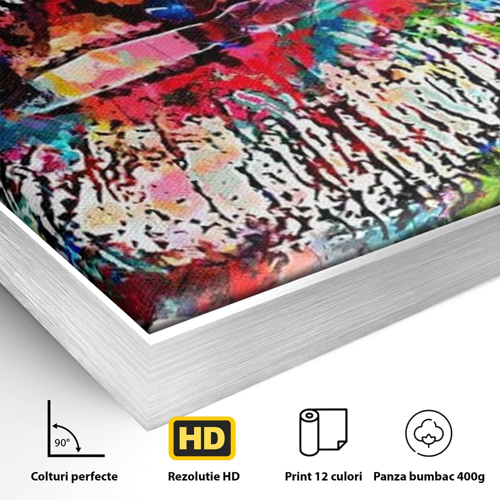 Detaliu al suprafetei: tablou canvas cu buze pop art, in rama de aluminiu argintiu