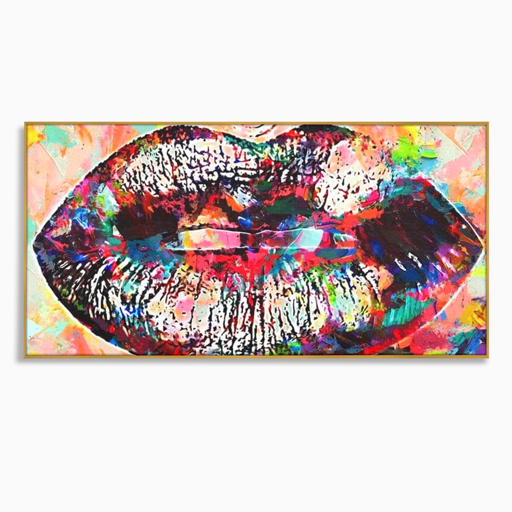 Tablou canvas cu tablou canvas cu buze pop art, in rama de aluminiu auriu