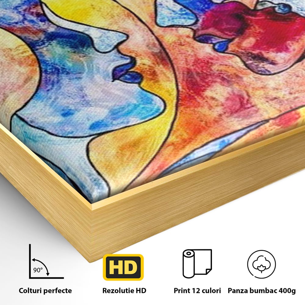 Detaliu al suprafetei: tablou canvas cu doua chipuri profil, in rama de aluminiu auriu