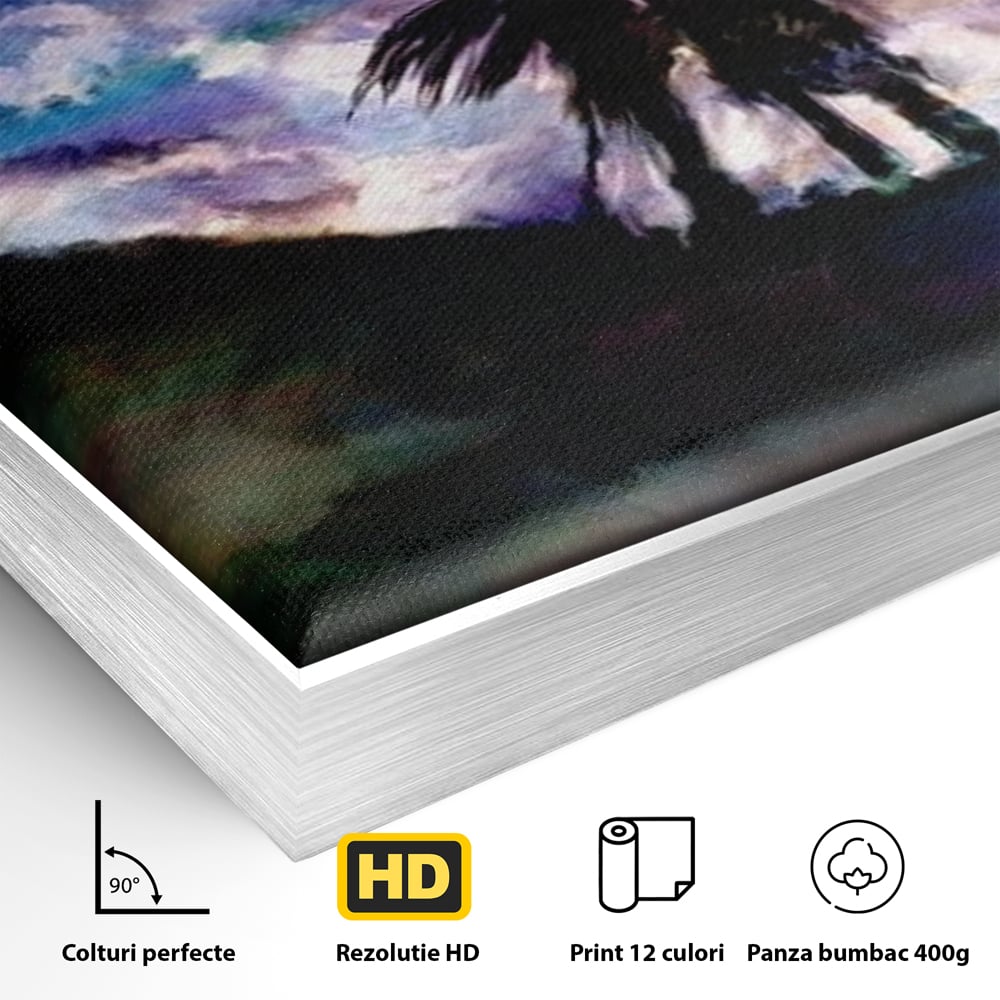 Detaliu al suprafetei: tablou canvas cu cuplu sarutandu-se sub cerul instelat, in rama de aluminiu argintiu