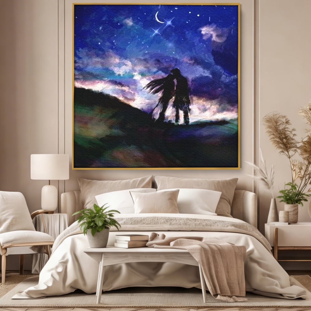 Tablou canvas cu tablou canvas cu cuplu sarutandu-se sub cerul instelat, in rama de aluminiu auriu, pe perete intr-un dormitor