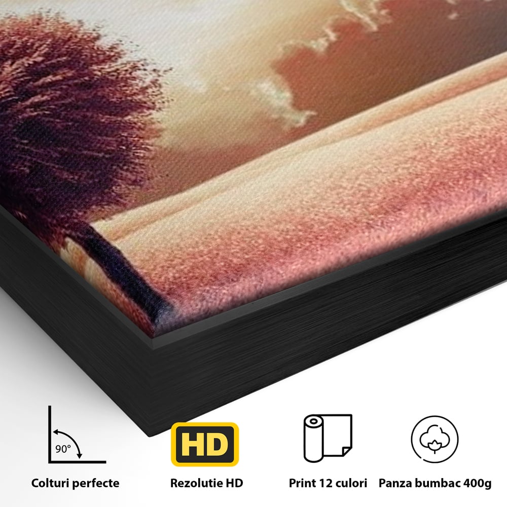 Detaliu al suprafetei: tablou canvas cu un copac in forma de inima, in rama de aluminiu negru