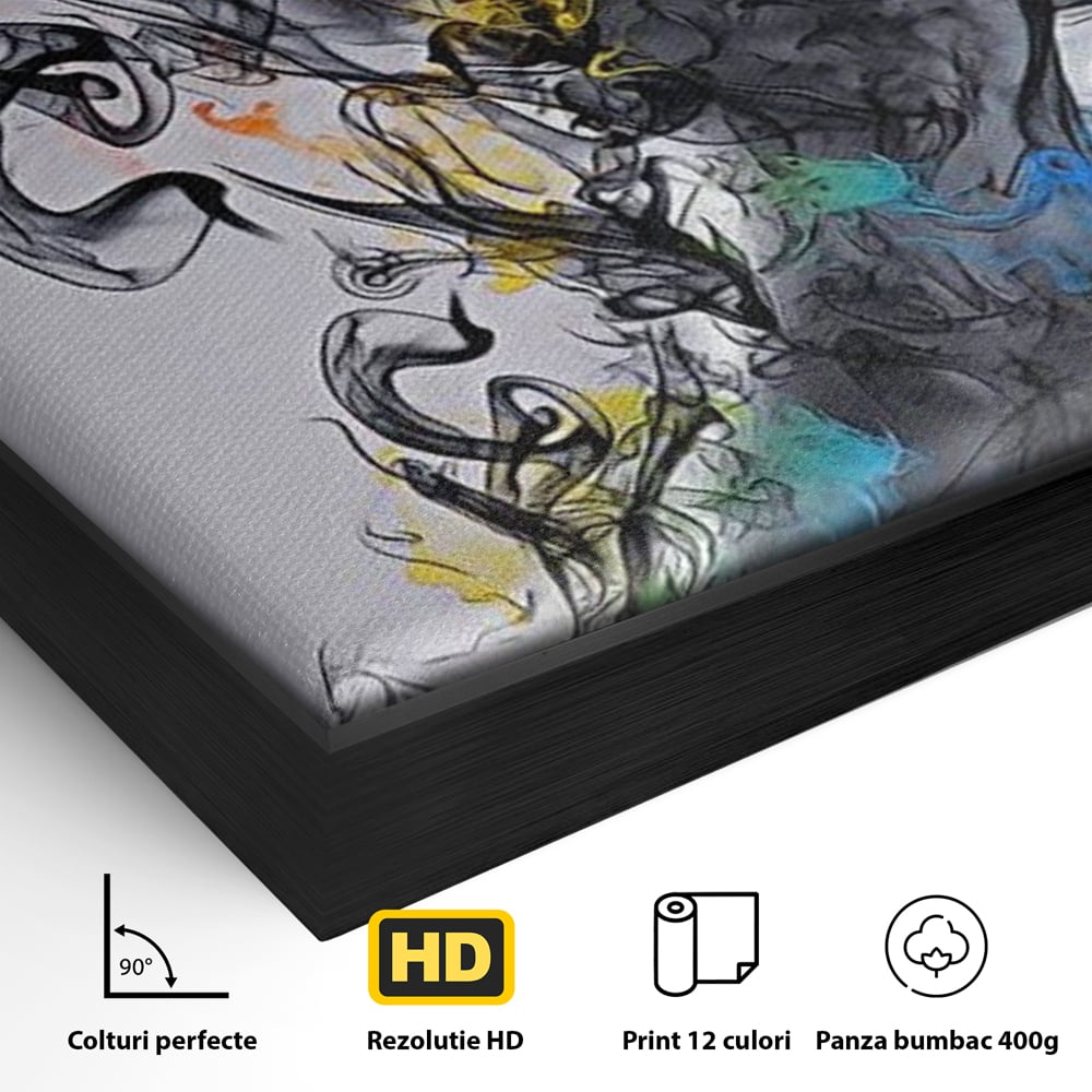 Detaliu al suprafetei: tablou canvas cu silueta feminina si fum, in rama de aluminiu negru