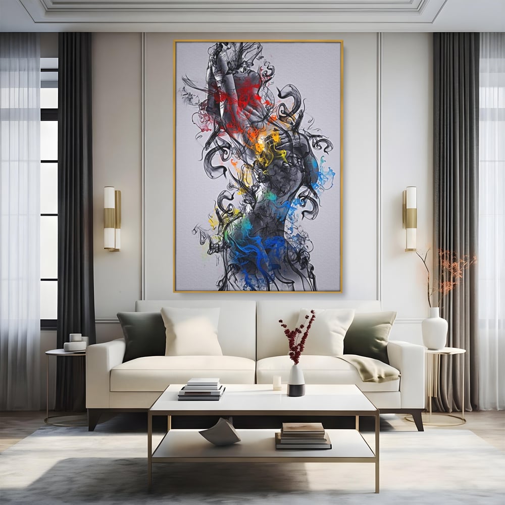 Tablou canvas cu tablou canvas cu silueta feminina si fum, in rama de aluminiu auriu, pe perete intr-un living