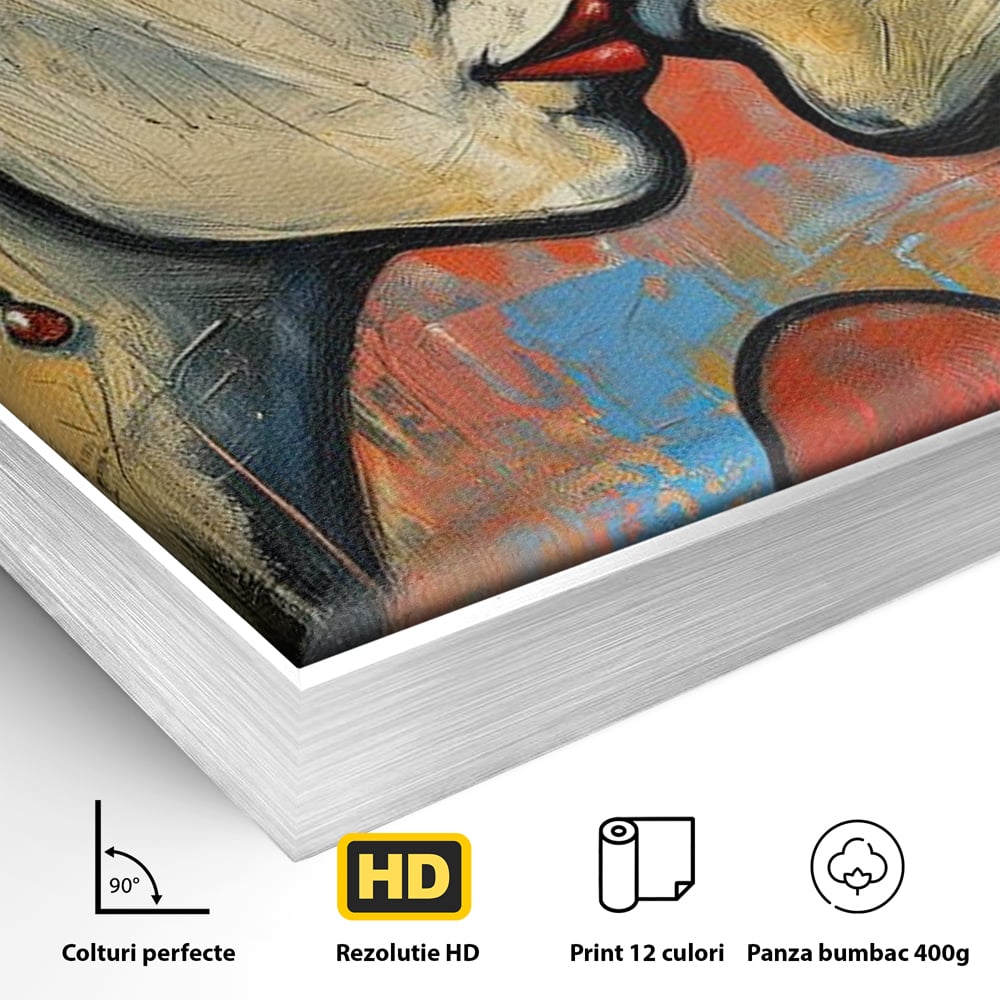 Detaliu al suprafetei: tablou canvas cu sarut pasional, in rama de aluminiu argintiu