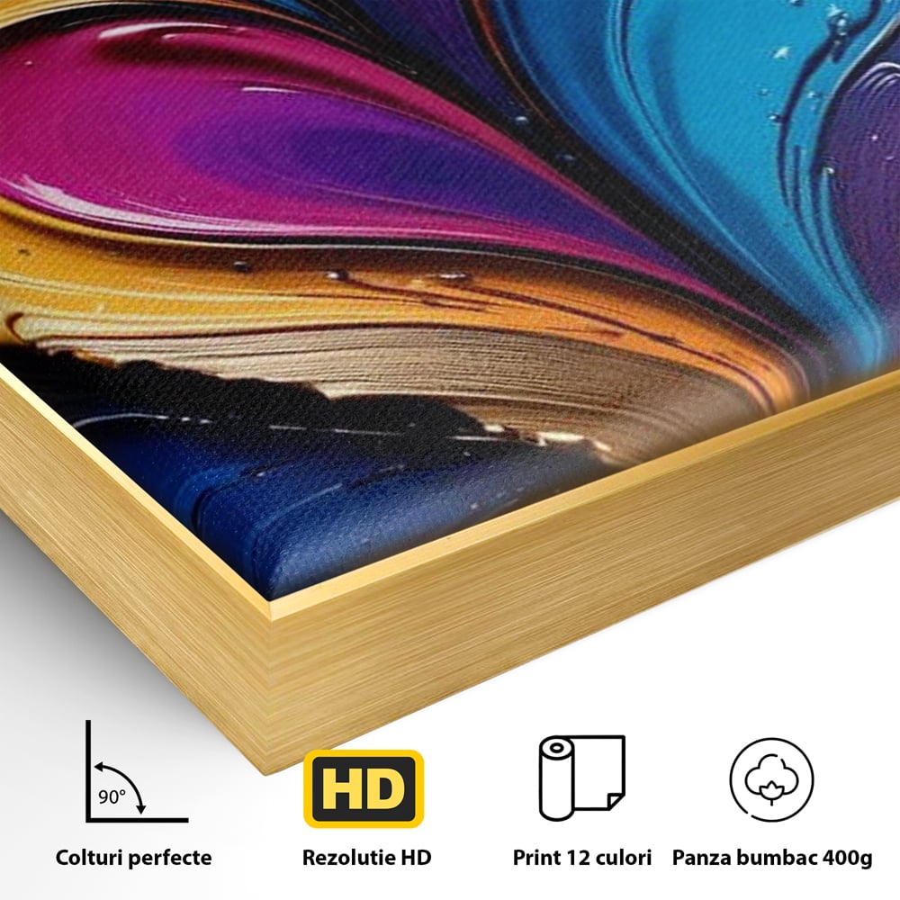 Detaliu al suprafetei: pictura abstracta cu valuri colorate, in rama de aluminiu auriu