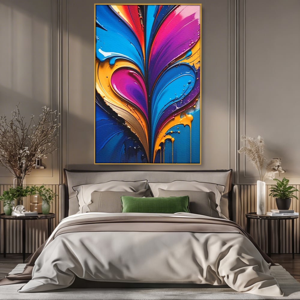 Tablou canvas cu pictura abstracta cu valuri colorate, in rama de aluminiu auriu, pe perete intr-un dormitor