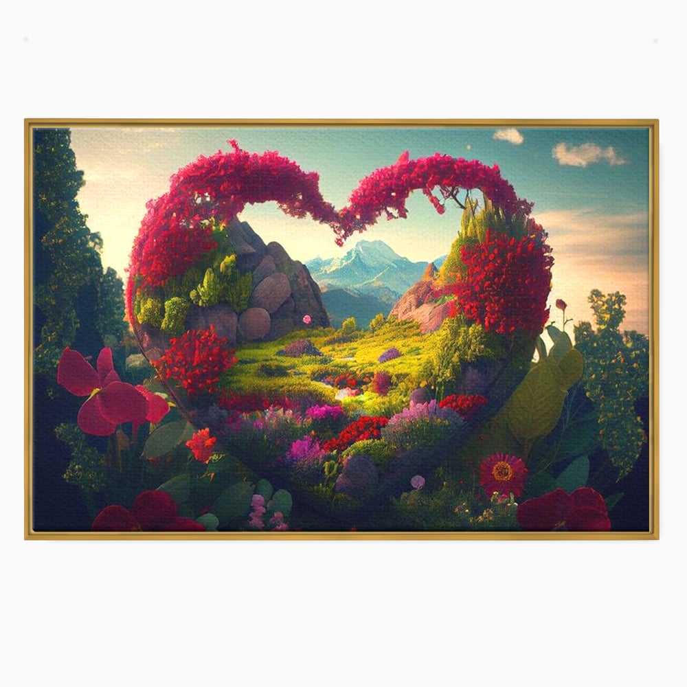 Tablou canvas cu ilustratie digitala peisaj in forma de inima, in rama de aluminiu auriu