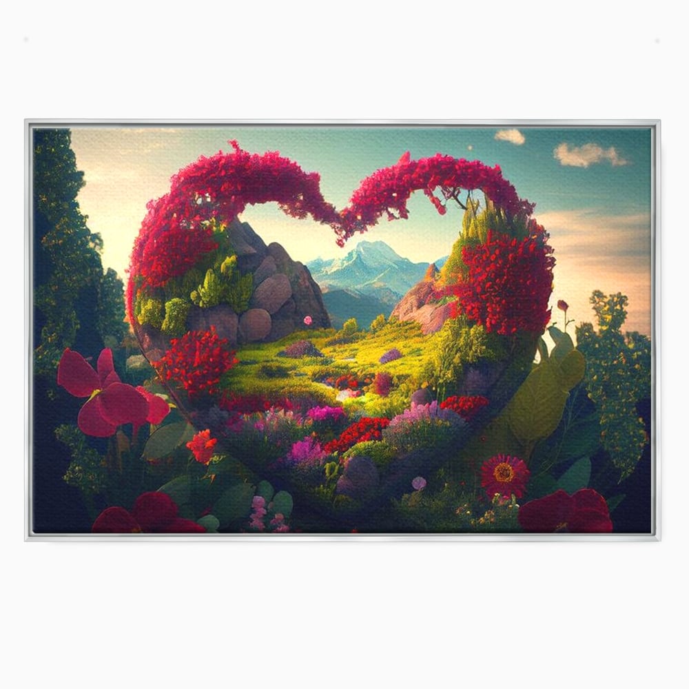 Tablou canvas cu ilustratie digitala peisaj in forma de inima, in rama de aluminiu argintiu