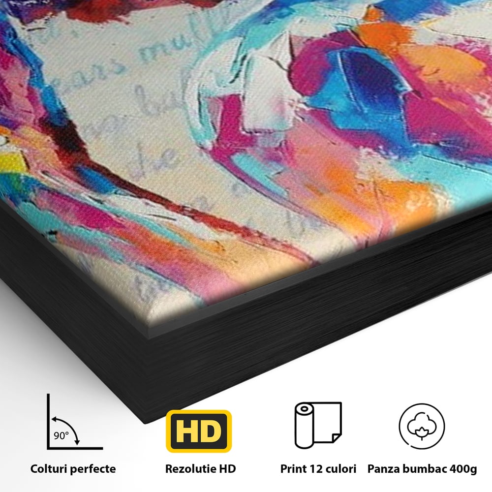 Detaliu al suprafetei: tablou canvas cu portret artistic de femeie, in rama de aluminiu negru