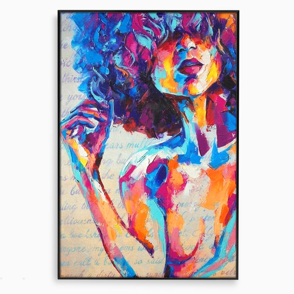 Tablou canvas cu tablou canvas cu portret artistic de femeie, in rama de aluminiu negru