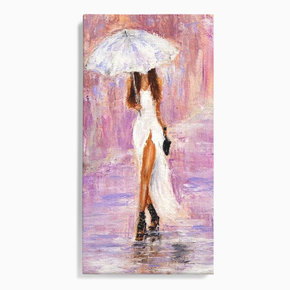Tablou canvas cu pictura cu femeie si umbrela alba, fara rama, pe sasiu de lemn