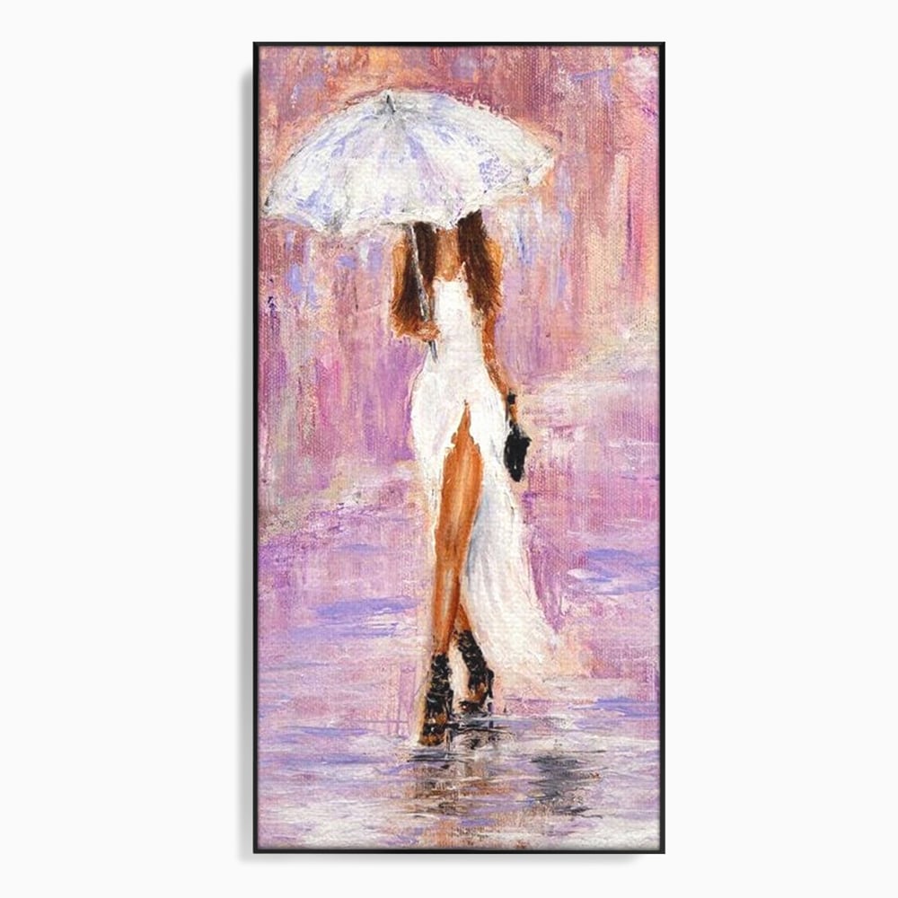 Tablou canvas cu pictura cu femeie si umbrela alba, in rama de aluminiu negru