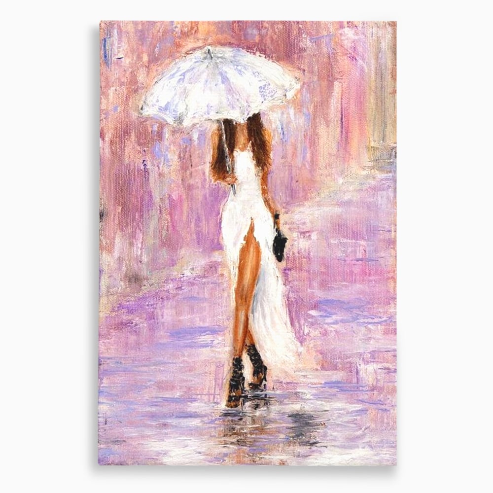 Tablou canvas cu pictura cu femeie si umbrela alba, fara rama, pe sasiu de lemn
