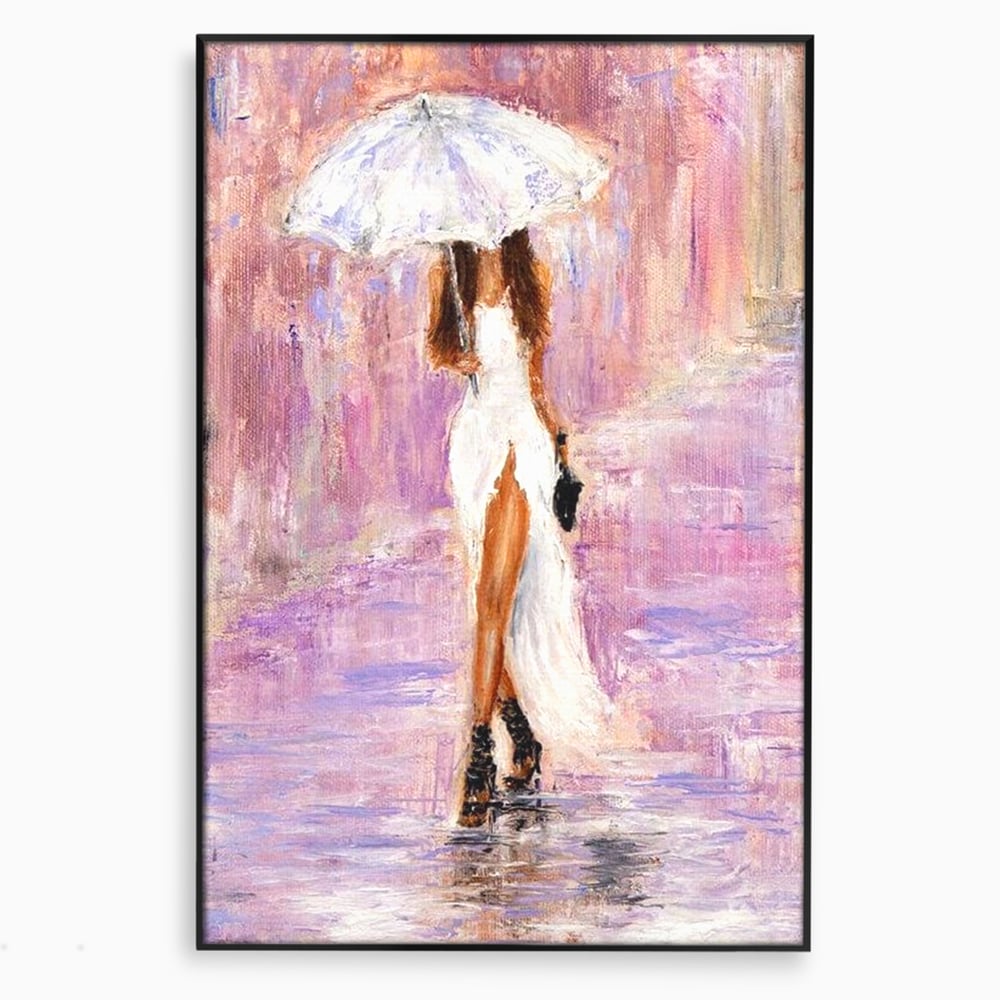 Tablou canvas cu pictura cu femeie si umbrela alba, in rama de aluminiu negru