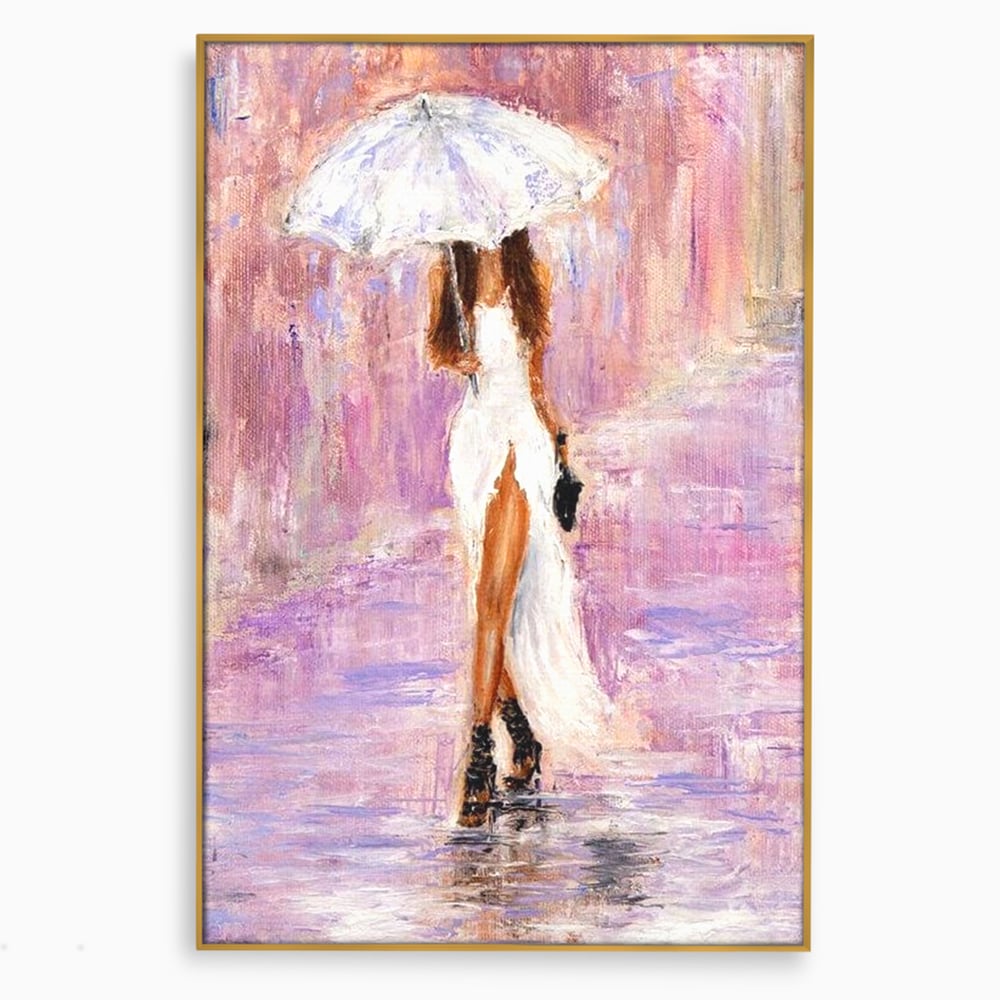 Tablou canvas cu pictura cu femeie si umbrela alba, in rama de aluminiu auriu