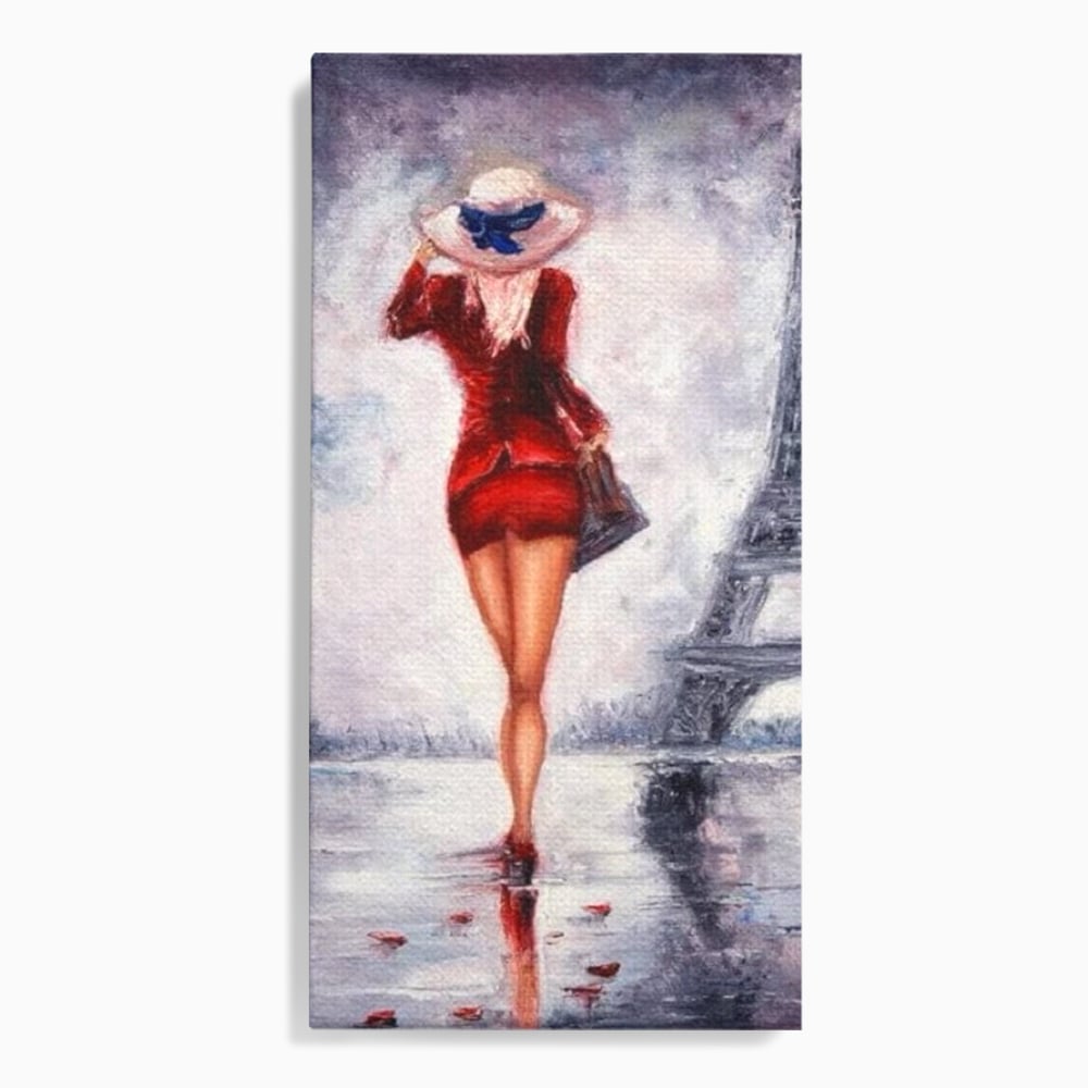 Tablou canvas cu pictura cu femeie in rochie rosie, fara rama, pe sasiu de lemn