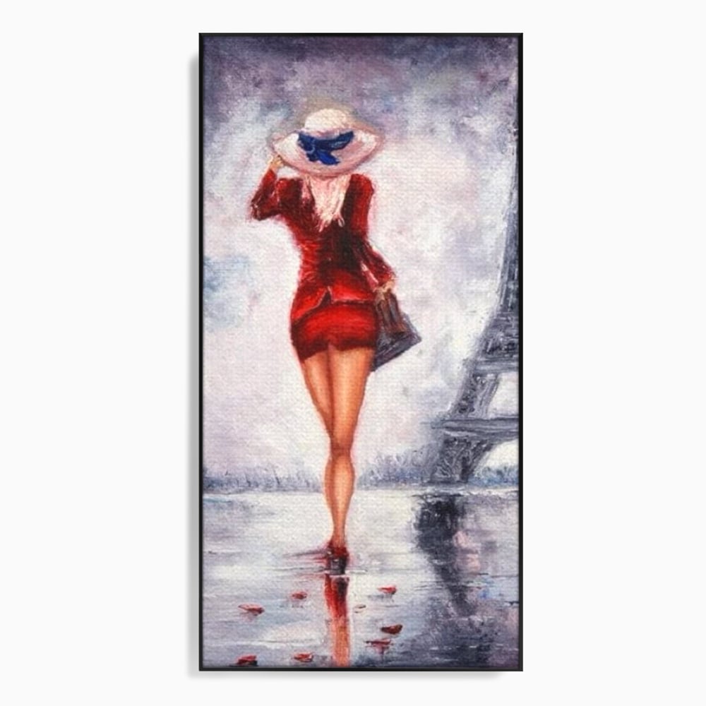 Tablou canvas cu pictura cu femeie in rochie rosie, in rama de aluminiu negru