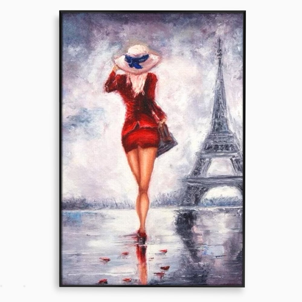Tablou canvas cu pictura cu femeie in rochie rosie, in rama de aluminiu negru