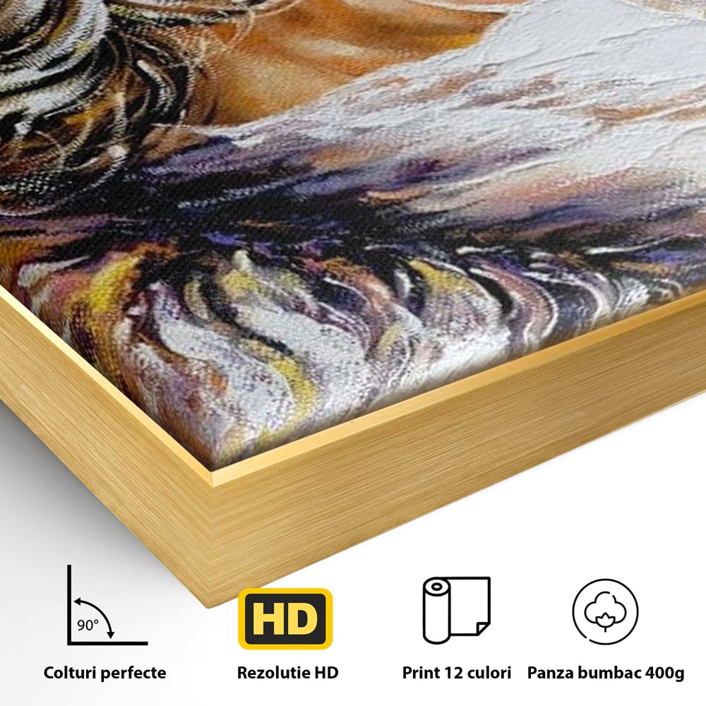 Detaliu al suprafetei: tablou canvas cu femeie privind pe fereastra, in rama de aluminiu auriu