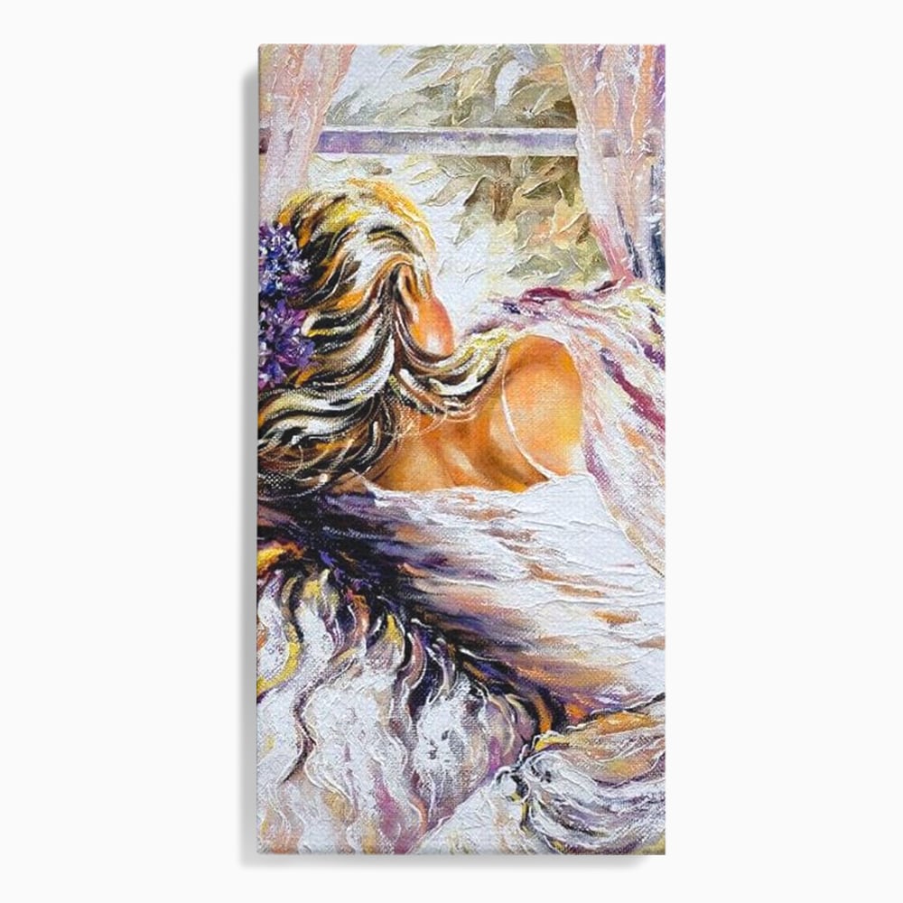 Tablou canvas cu tablou canvas cu femeie privind pe fereastra, fara rama, pe sasiu de lemn