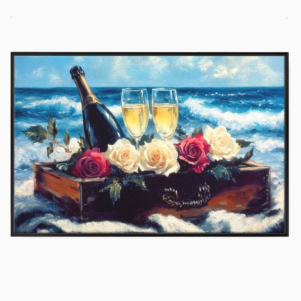 Tablou canvas cu pictura cu sampanie si trandafiri pe malul marii, in rama de aluminiu negru