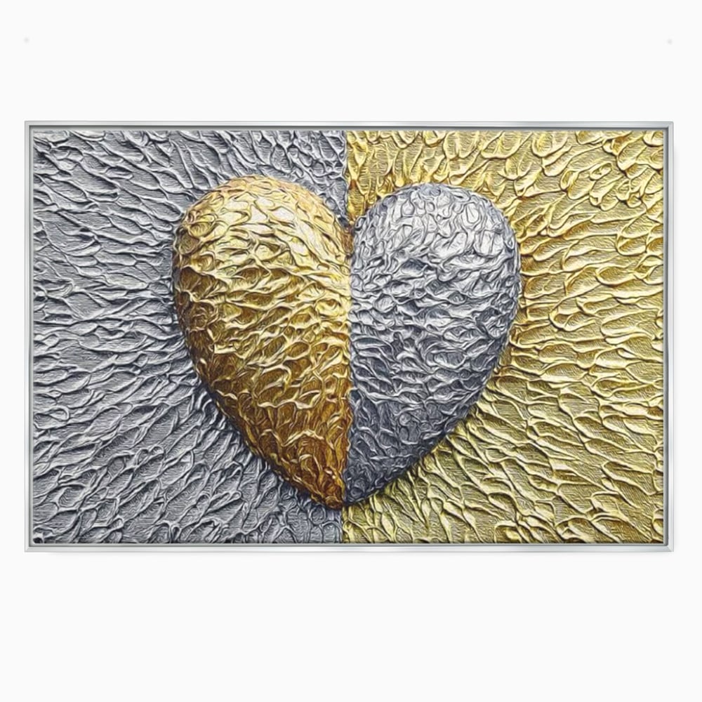 Tablou canvas cu tablou abstract cu inima aurie si argintie, in rama de aluminiu argintiu